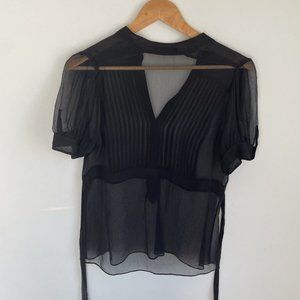 BCBG Maxazria EUC Sheer Black Peasant Blouse, Short Sleeve, Size Small